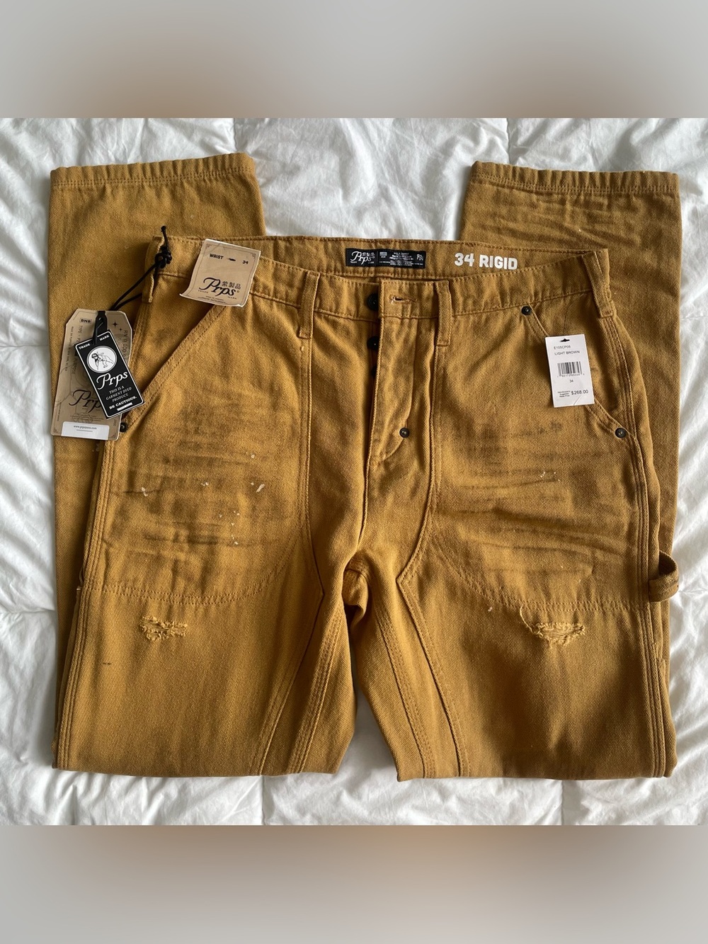 NWT PRPS Carpenter Distressed Pants in Mustard Brown Size 34